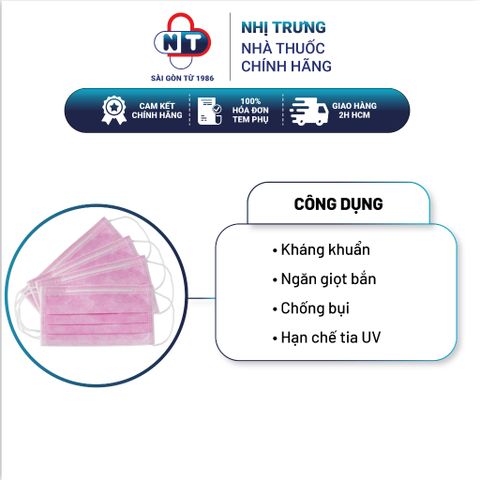  Khẩu trang y tế 4 lớp Nhị Trưng 100% vải không dệt cao cấp 50 cái màu hồng 