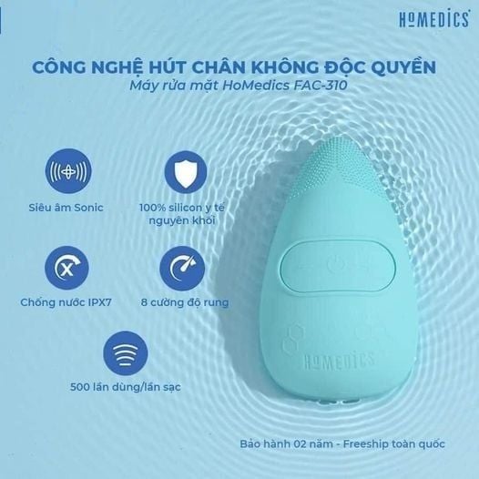 Máy rửa mặt HoMedics FAC-350 Silicone kháng khuẩn công nghệ siêu âm
