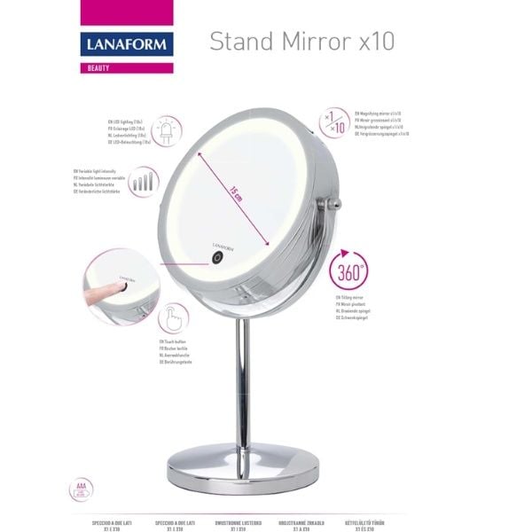 Gương trang điểm Lanaform Stand Mirror X10 giúp bạn dễ dàng trang điểm với 18 đèn led chiếu sáng