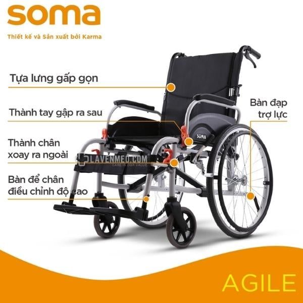 Xe lăn nhôm Karma Agile Pro 14kg siêu nhẹ, nâng tựa tay, chống lật