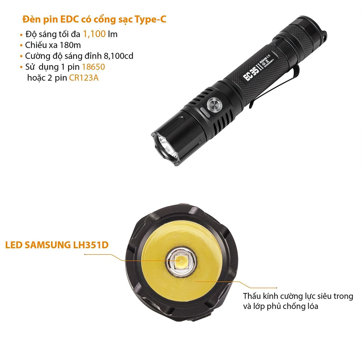  Đèn Pin Cắm Trại Du Lịch ACEBEAM EC35 GEN II LED SAMSUNG LH351D Độ Sáng 1100 Lumen Chiếu Xa 180M Cổng Sạc Usb Type C 