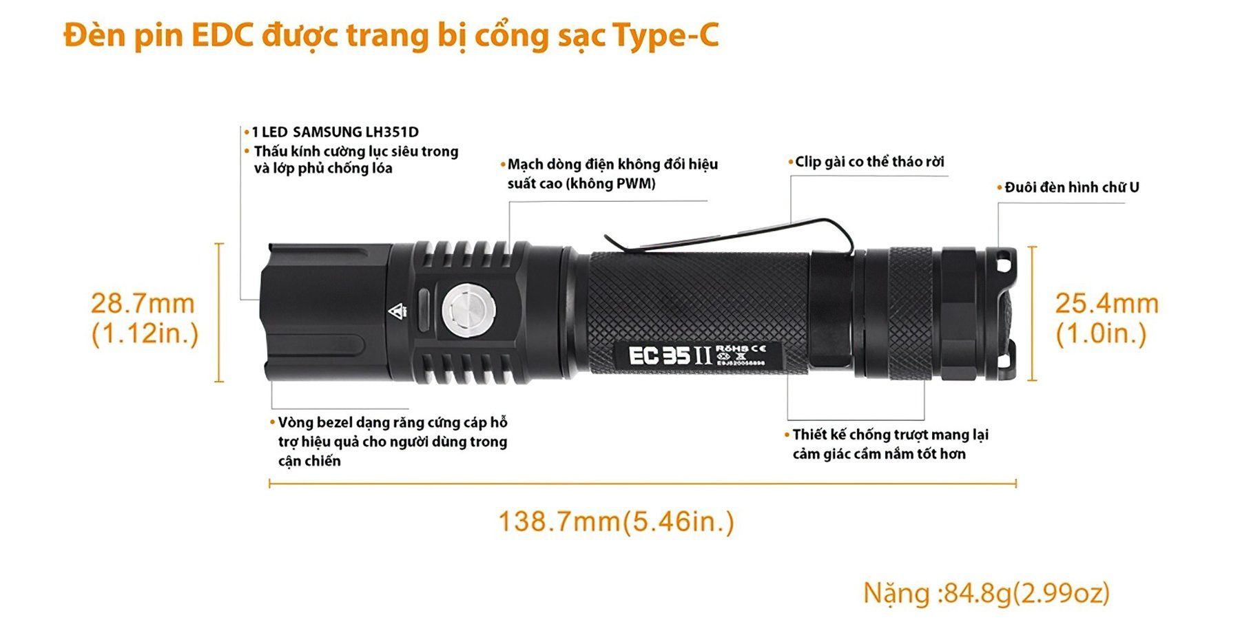  Đèn Pin Cắm Trại Du Lịch ACEBEAM EC35 GEN II LED SAMSUNG LH351D Độ Sáng 1100 Lumen Chiếu Xa 180M Cổng Sạc Usb Type C 