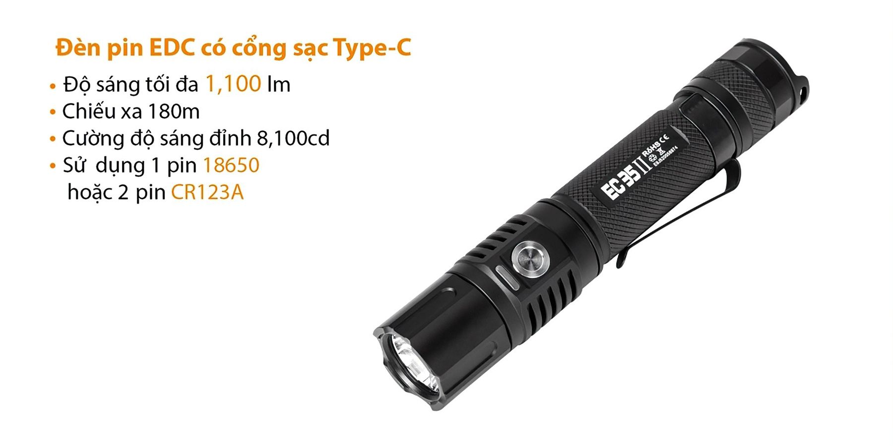  Đèn Pin Cắm Trại Du Lịch ACEBEAM EC35 GEN II LED SAMSUNG LH351D Độ Sáng 1100 Lumen Chiếu Xa 180M Cổng Sạc Usb Type C 