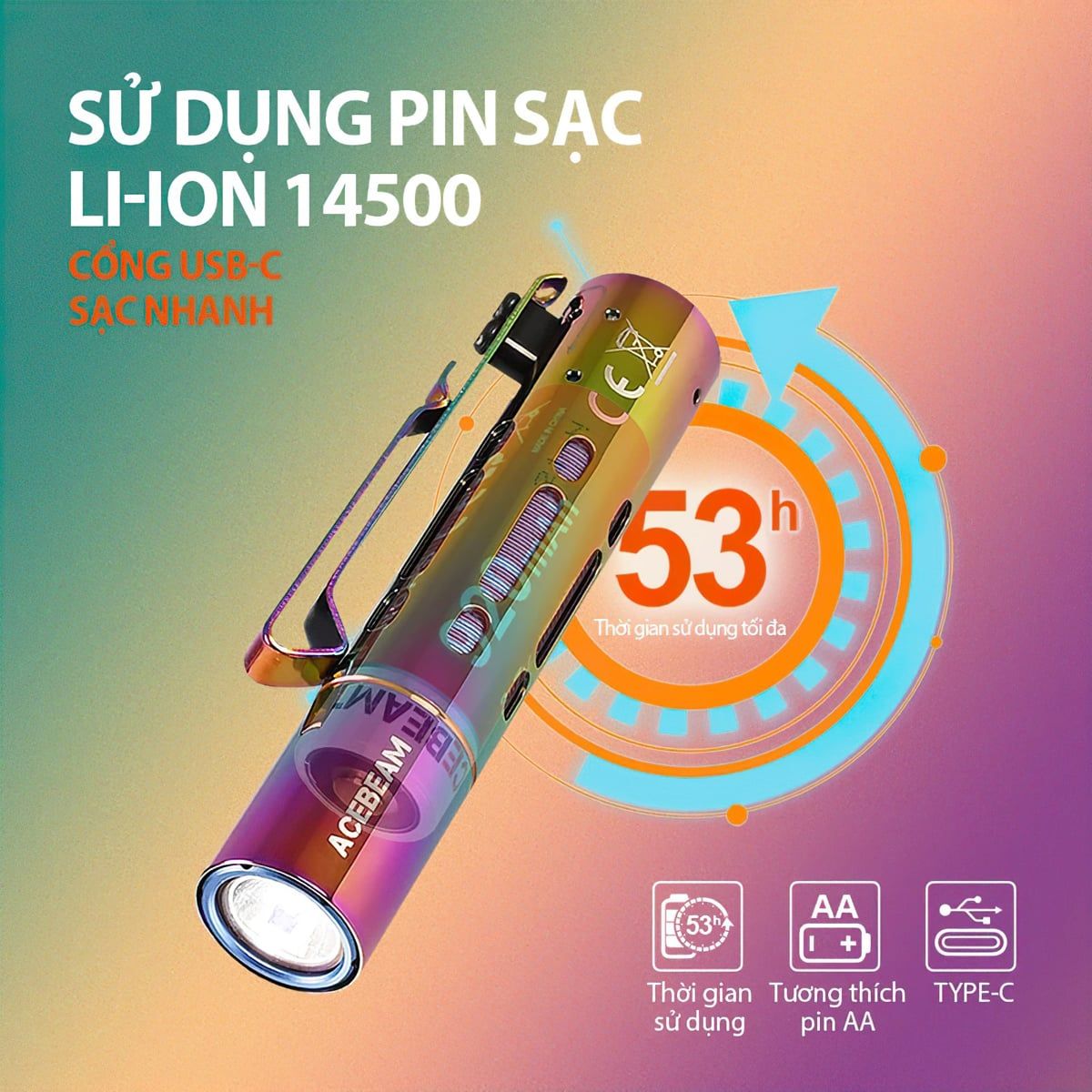  Đèn Pin Cắm Trại Du Lịch ACEBEAM RIDER RX RAINBOW Độ Sáng 650 Lumen Chiếu Xa 96M 