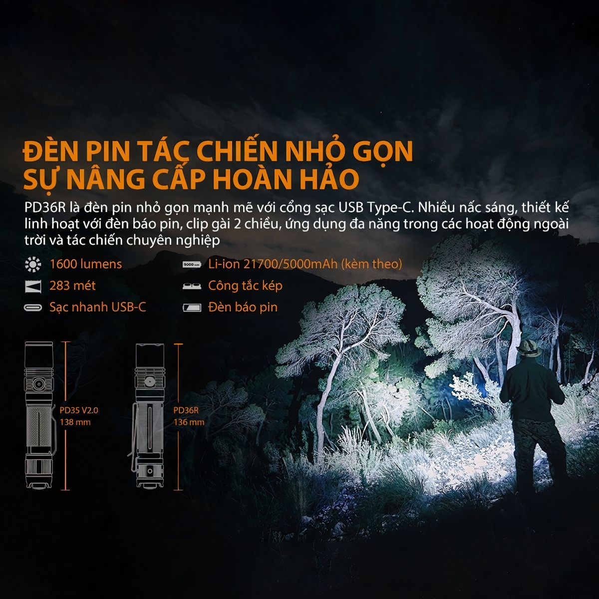  Đèn pin FENIX PD36R độ sáng 1600lm 