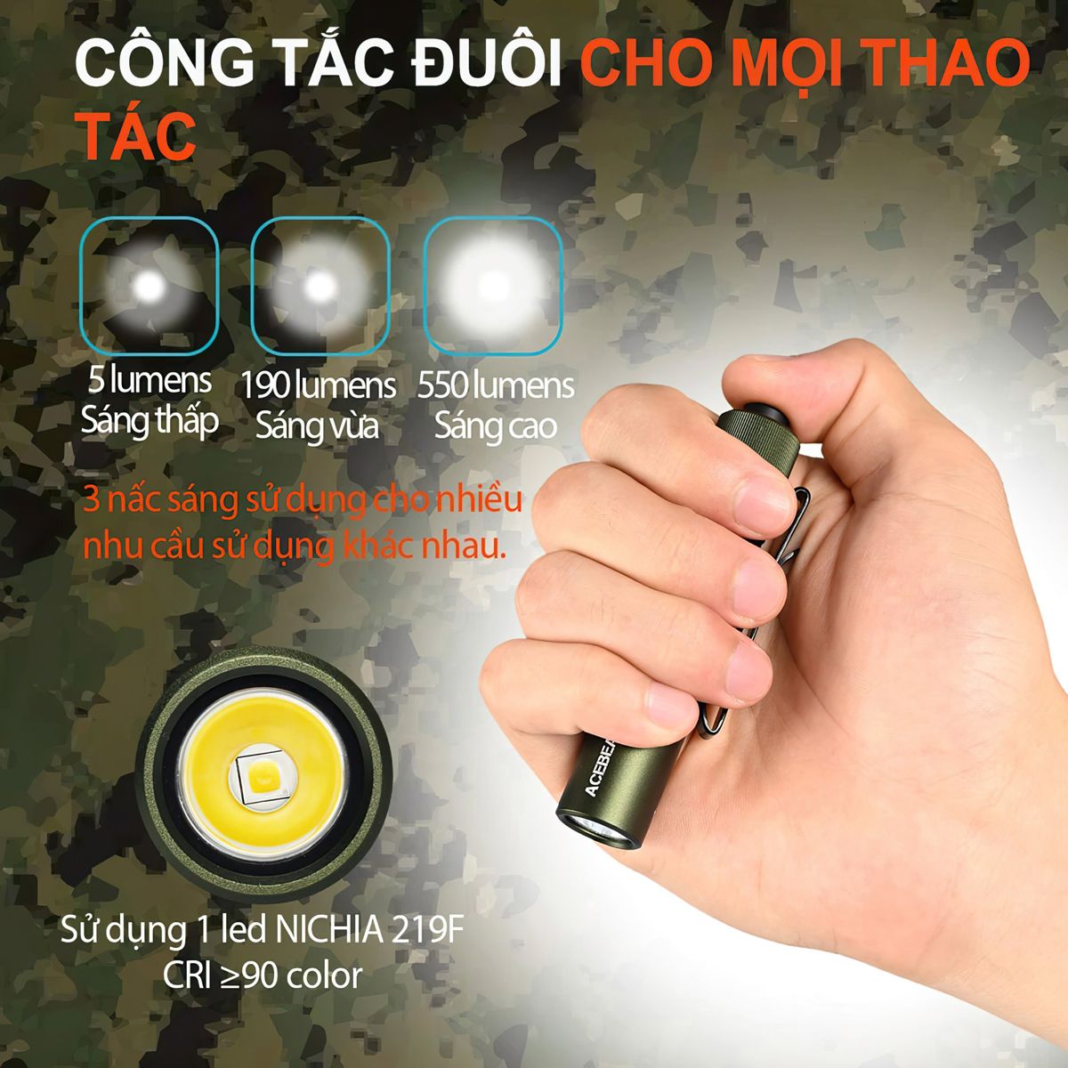  Đèn Pin Cắm Trại Du Lịch Mini Acebeam Pokelit Ánh Sáng Vàng, Sáng 550Lm Chiếu Xa 86M Pin 14500 