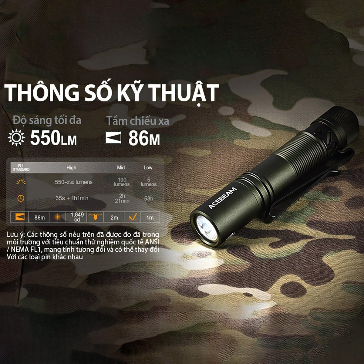  Đèn Pin Cắm Trại Du Lịch Mini Acebeam Pokelit Ánh Sáng Vàng, Sáng 550Lm Chiếu Xa 86M Pin 14500 