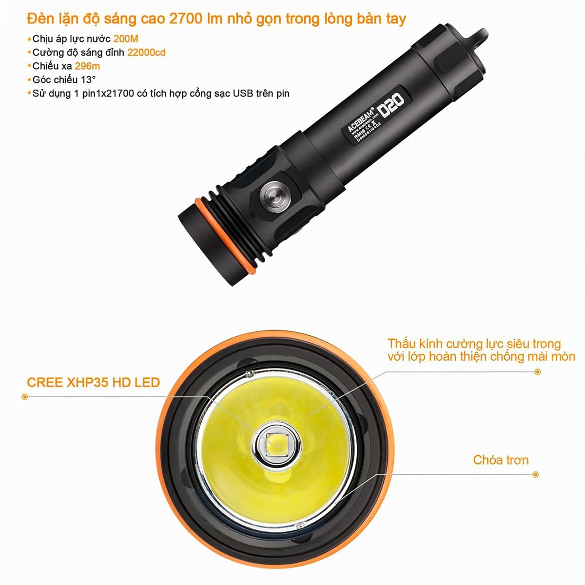  Đèn Lặn Du Lịch ACEBEAM D20 Chịu Sâu 200M, Sáng 2700 Lumen, Pin 21700 5100Mah (Kèm Theo) 