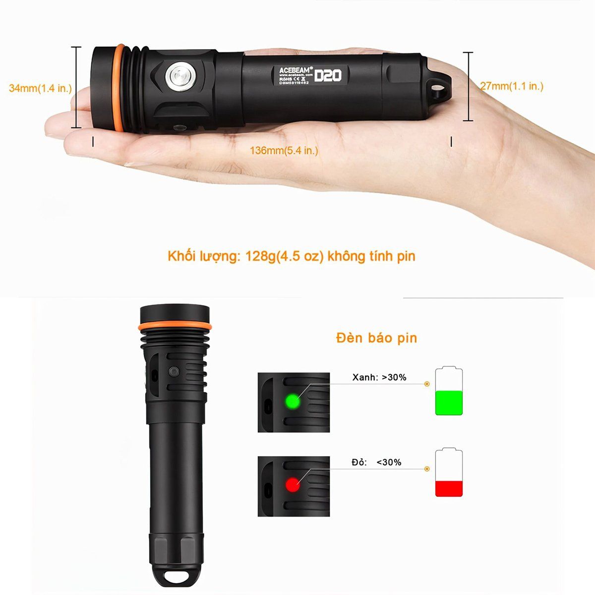  Đèn Lặn Du Lịch ACEBEAM D20 Chịu Sâu 200M, Sáng 2700 Lumen, Pin 21700 5100Mah (Kèm Theo) 