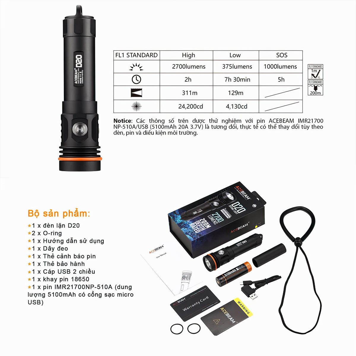  Đèn Lặn Du Lịch ACEBEAM D20 Chịu Sâu 200M, Sáng 2700 Lumen, Pin 21700 5100Mah (Kèm Theo) 