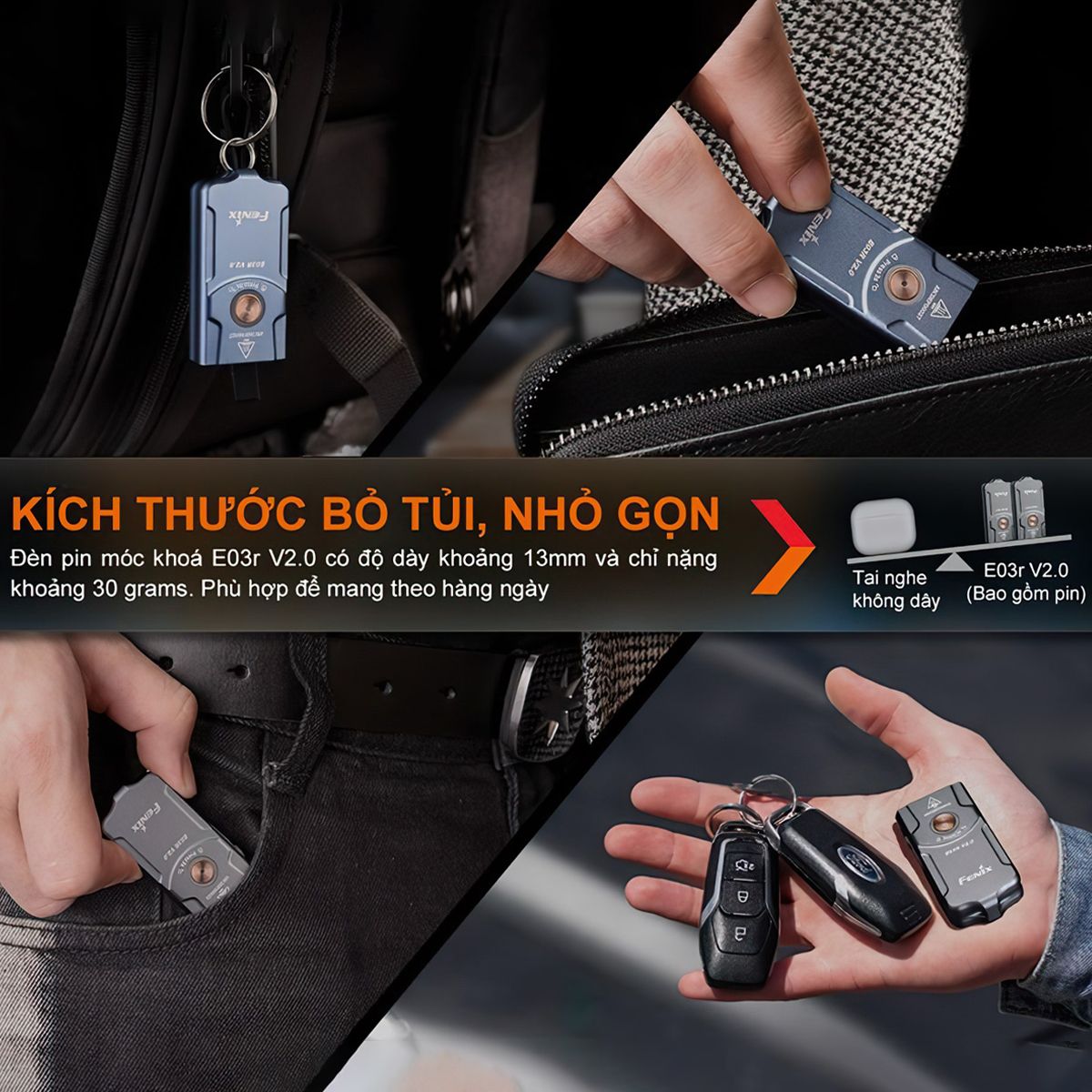  Đèn pin móc khóa FENIX E03R v2 sáng 500lm chiếu xa 90m sạc USB C 