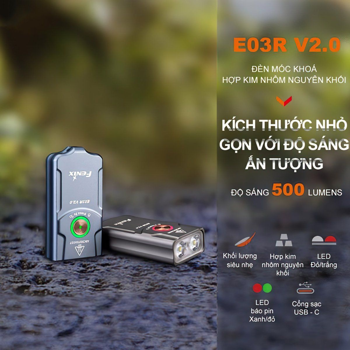  Đèn pin móc khóa FENIX E03R v2 sáng 500lm chiếu xa 90m sạc USB C 
