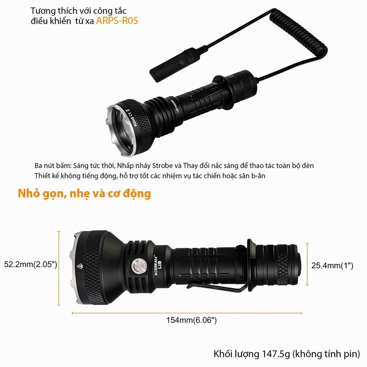  Đèn Pin Cắm Trại Du Lịch Chiếu Xa ACEBEAM L18 Độ Sáng 1500 Lumen Chiếu Xa 1000M 