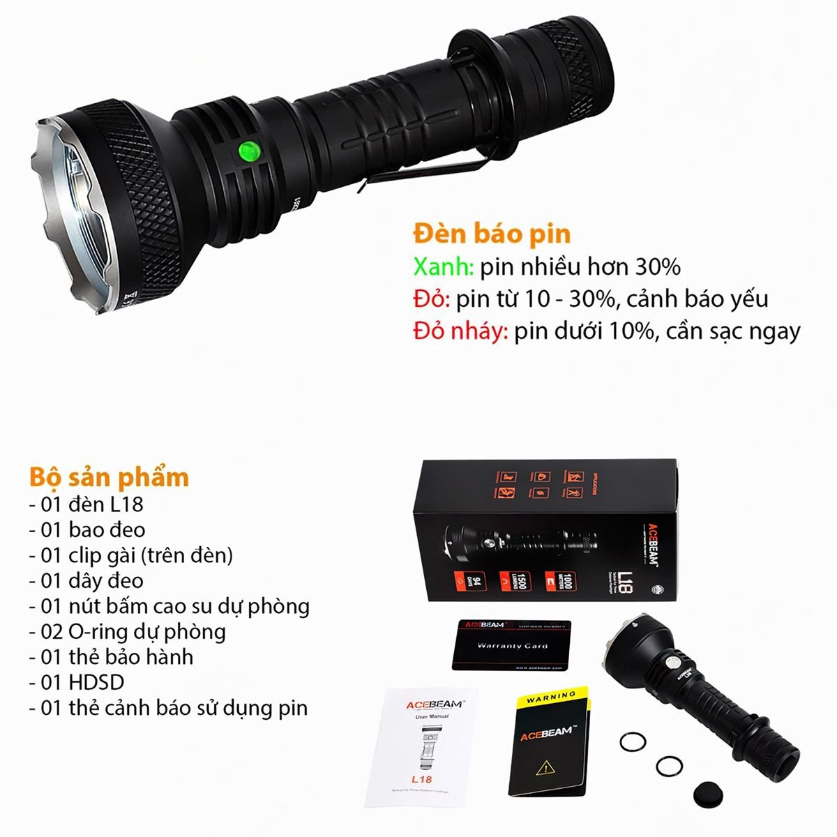  Đèn Pin Cắm Trại Du Lịch Chiếu Xa ACEBEAM L18 Độ Sáng 1500 Lumen Chiếu Xa 1000M 