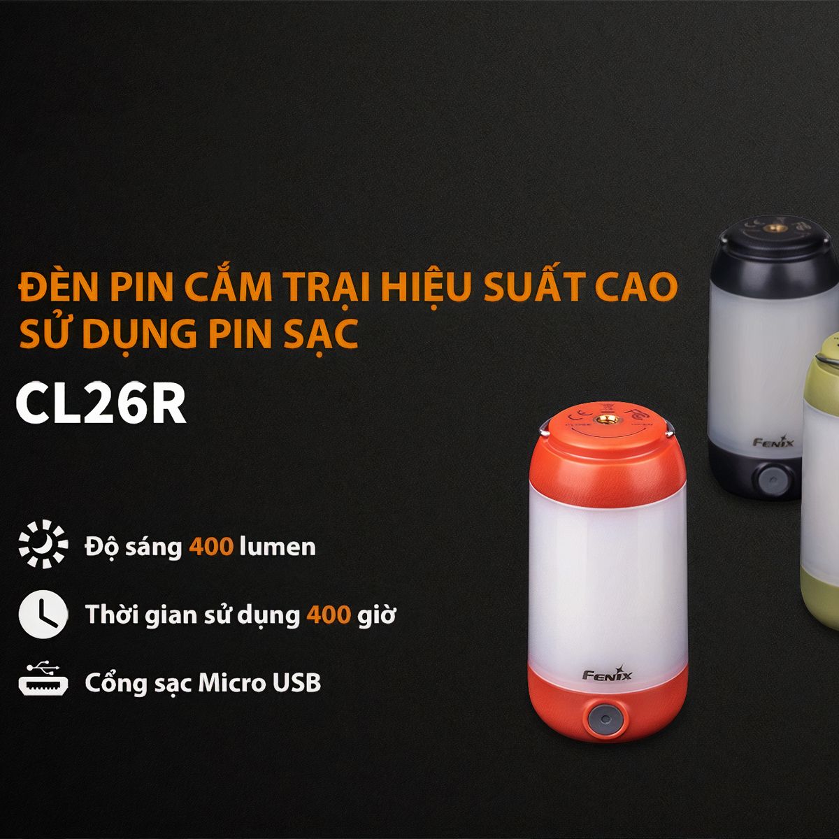  Đèn Pin Cắm Trại FENIX CL26R Độ Sáng 400 Lumen 