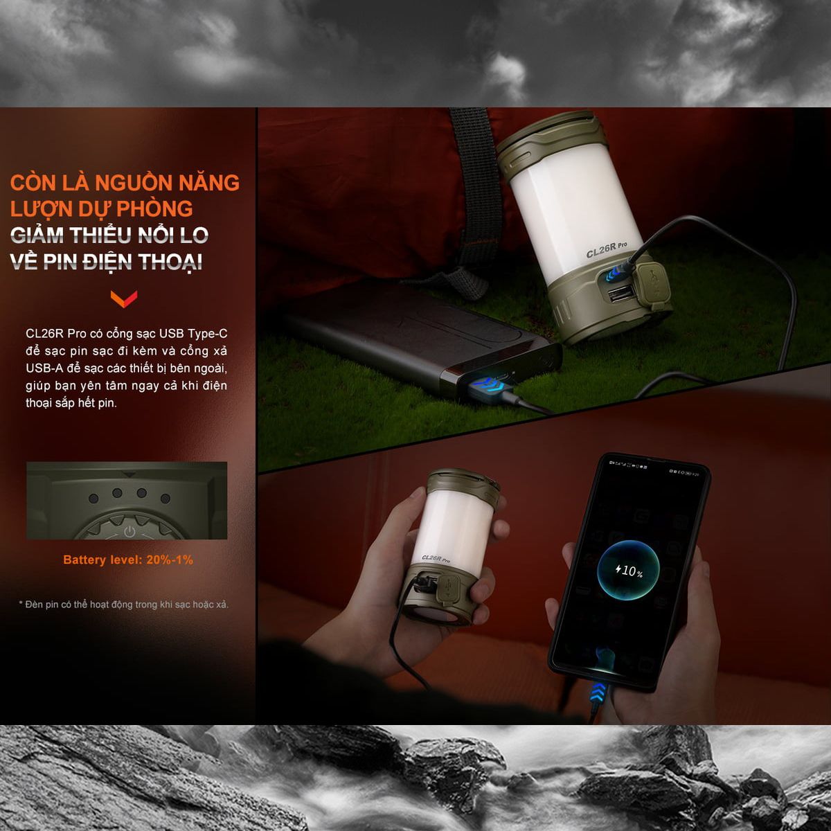  Đèn pin cắm trại FENIX CL26R Pro độ sáng 650 lumen pin 21700 sạc USB-C chiếu tỏa 360 độ 