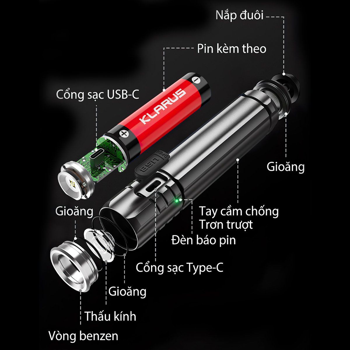  Đèn pin Cắm Trại Du Lịch KLARUS EC20 sáng 1100 lumen chiếu xa 200m pin 21700 4000mAh sạc USB C kiêm power bank 