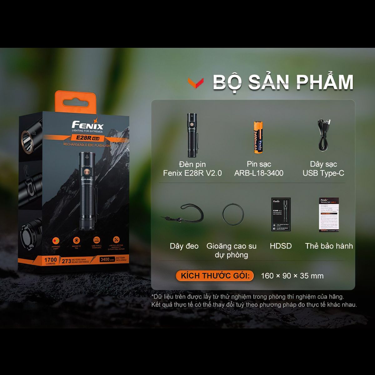 Đèn pin cắm trại FENIX E28R V2.0 nhỏ gọn sáng 1700 lumen chiếu xa 273m sạc USB C pin sạc 18650 3400mAh 