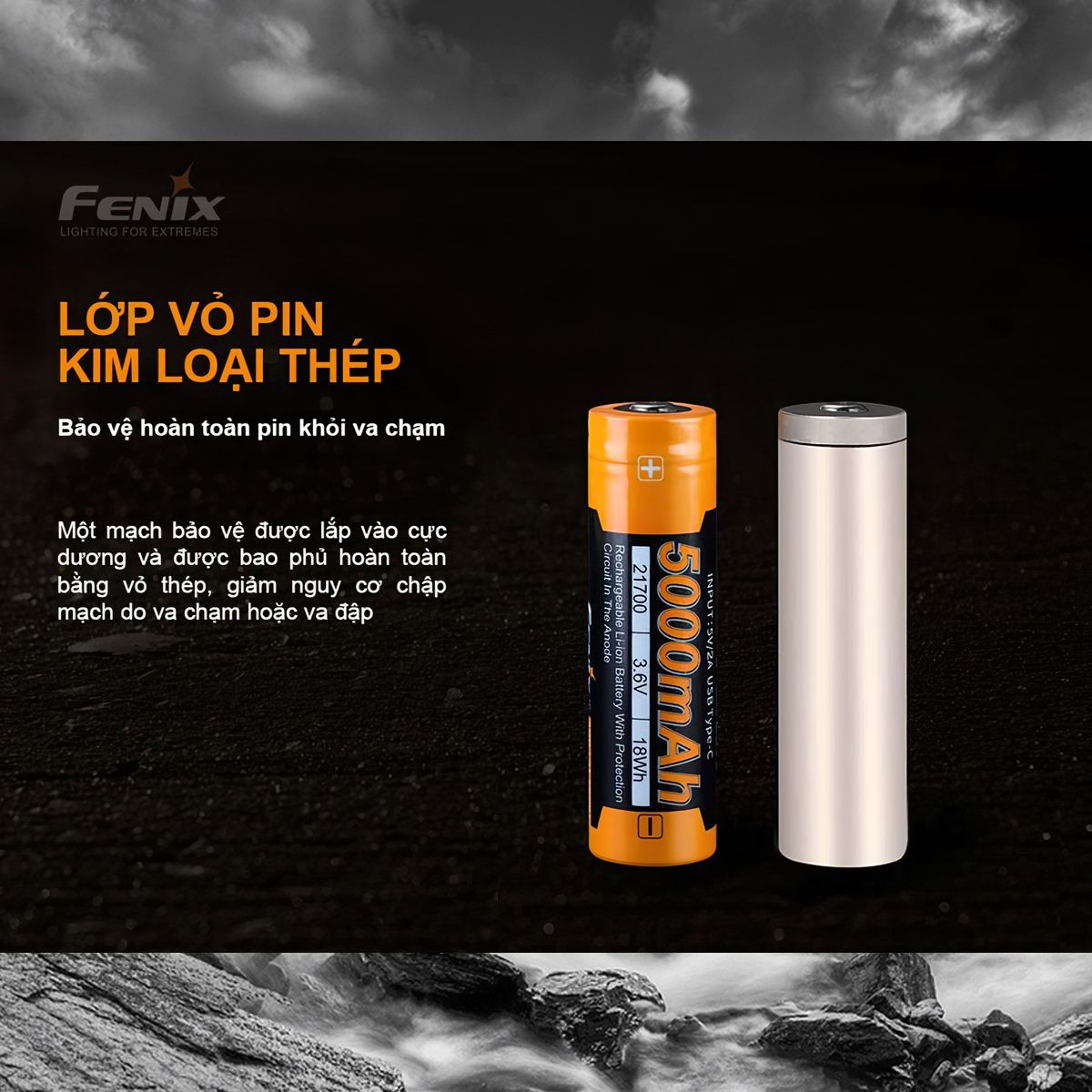  Pin Sạc Fenix 21700 - Arb-L21-5000U Tích Hợp Sạc Usb 