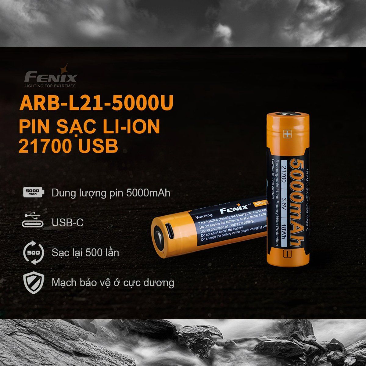  Pin Sạc Fenix 21700 - Arb-L21-5000U Tích Hợp Sạc Usb 