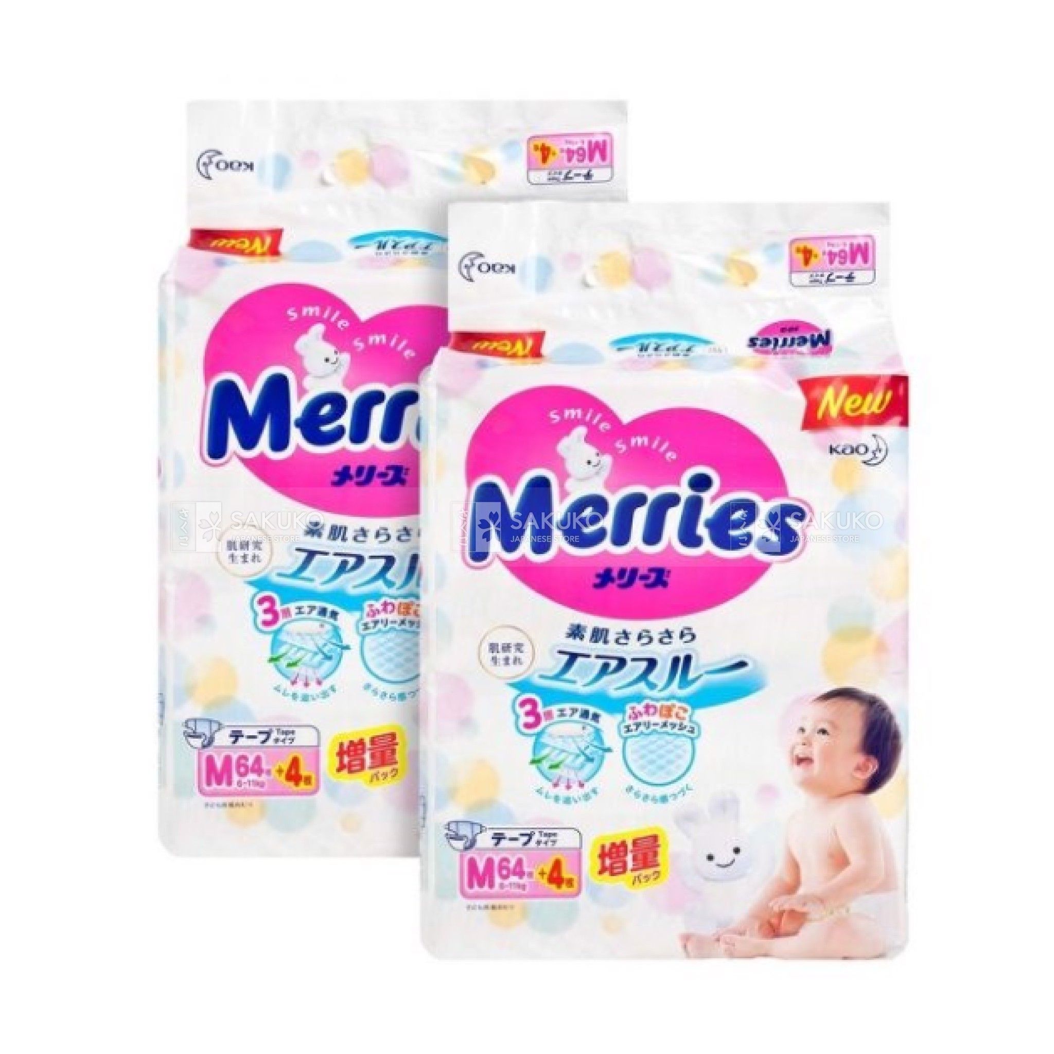  MERRIES- Bỉm dán M 64+4 miếng 