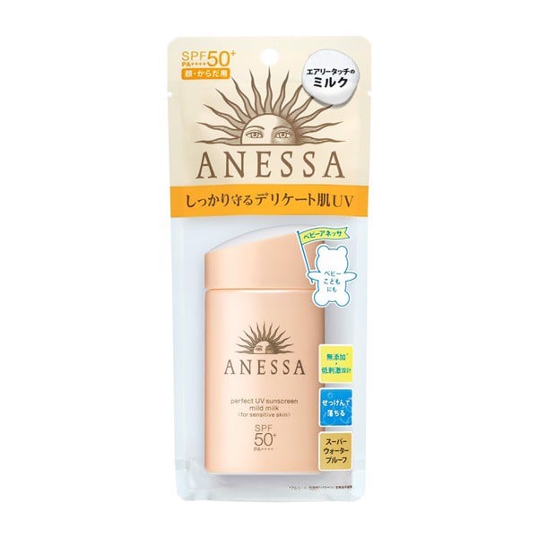 Sữa chống nắng Anessa Perfect UV Suncreen Mild có công thức Mild nhẹ dịu, thành phần 5 không, phù hợp sử dụng cho mọi loại da