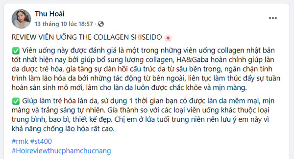 Review tổng thể của chị Thu Hoài về tác dụng làm đẹp, giá thành, thiết kế sản phẩm Collagen Shiseido dạng viên