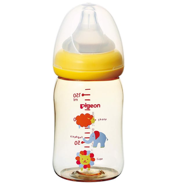 Bình sữa nhựa Pigeon 160ml cổ rộng màu vàng hình động vật