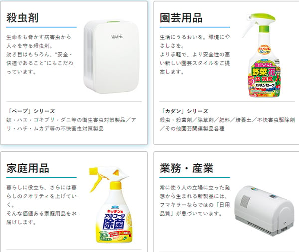 Các sản phẩm tiêu biểu của Fumakilla Limited được giới thiệu trên website chính của công ty