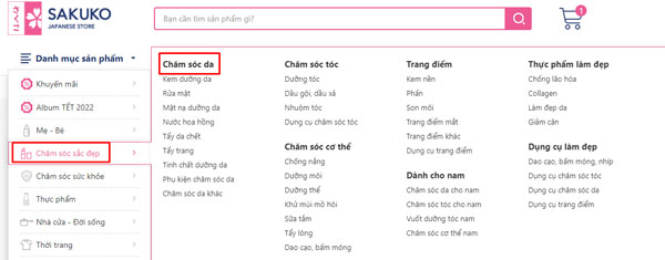 danh sách sản phẩm chăm sóc da tại Sakuko