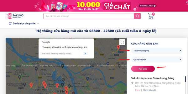 địa chỉ cửa hàng trên website của Sakuko