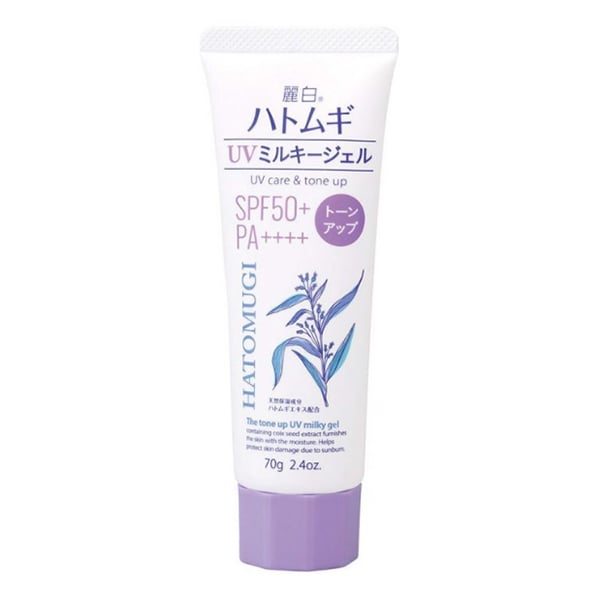 Gel chống nắng nâng tông ý dĩ Hatomugi UV Milky Gel SPF31 có chỉ số chống nắng dịu nhẹ, chứa nhiều chất dưỡng ẩm, giúp da sáng khỏe.