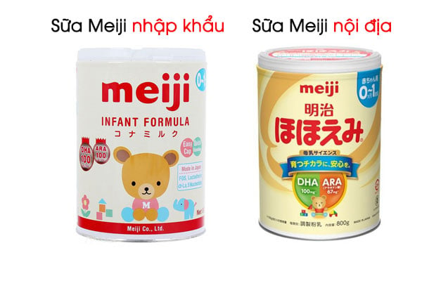 Bao bì sữa Meiji Nhật xuất khẩu (trái) và nội địa (phải) chính hãng