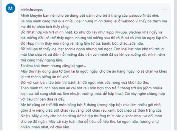 mẹ Minhchaungoc đã gợi ý cho các bà mẹ khác rằng nên dùng bột ăn dặm Wakodo
