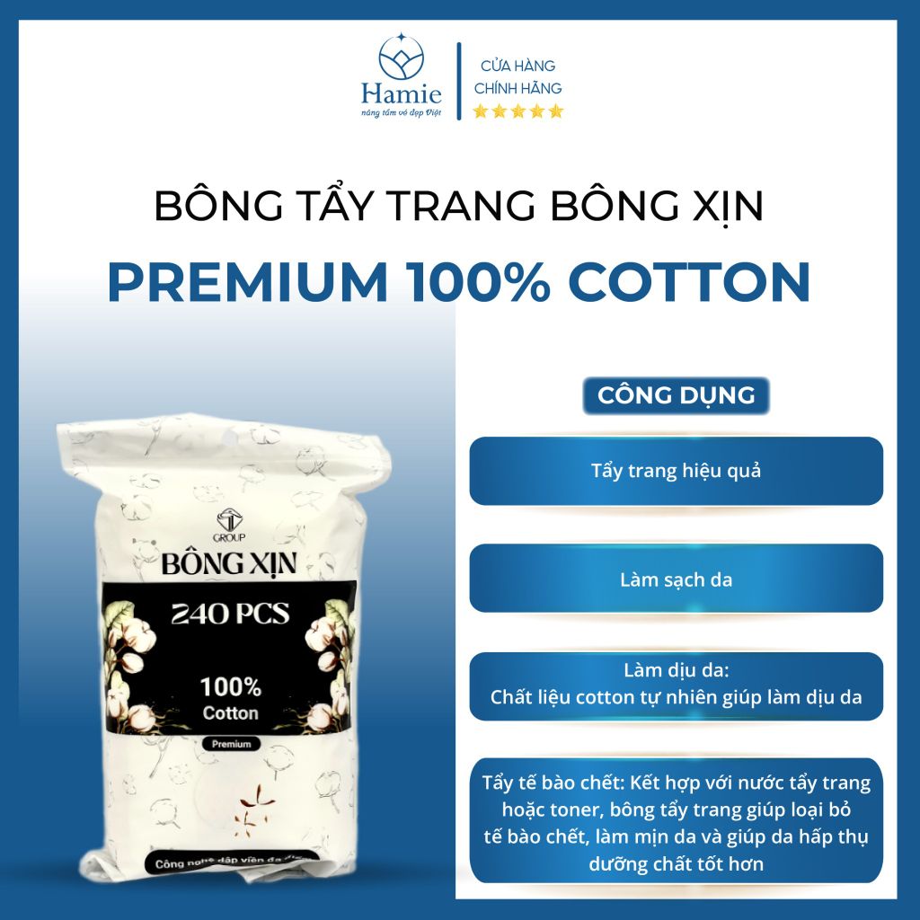 Bông Tẩy Trang Premium Bông Xịn 100% Cotton 240 Miếng Việt Nam