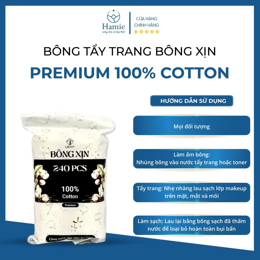Bông Tẩy Trang Premium Bông Xịn 100% Cotton 240 Miếng Việt Nam