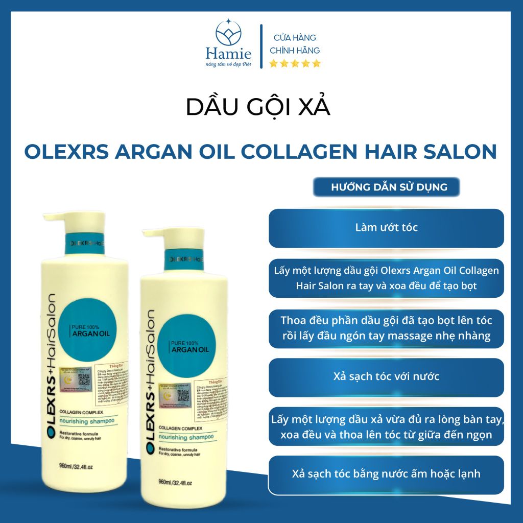 Dầu Gội Xả Olexrs Argan Oil Collagen Hair Salon 960ml/chai Anh