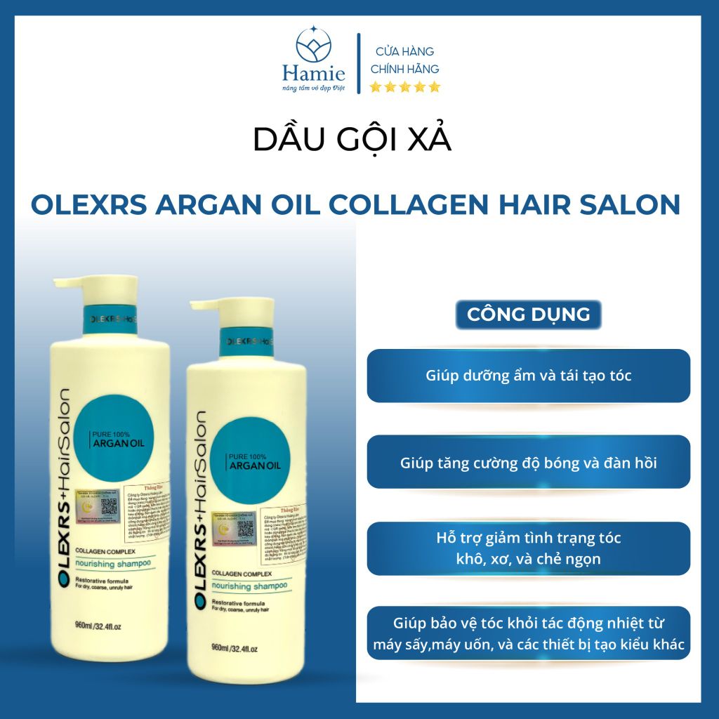 Dầu Gội Xả Olexrs Argan Oil Collagen Hair Salon 960ml/chai Anh