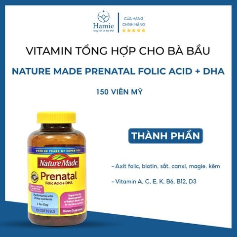 Vitamin Bà Bầu Nature Made Prenatal Folic Acid + DHA 150 Viên Mỹ