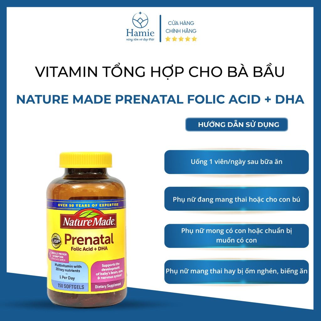 Vitamin Bà Bầu Nature Made Prenatal Folic Acid + DHA 150 Viên Mỹ
