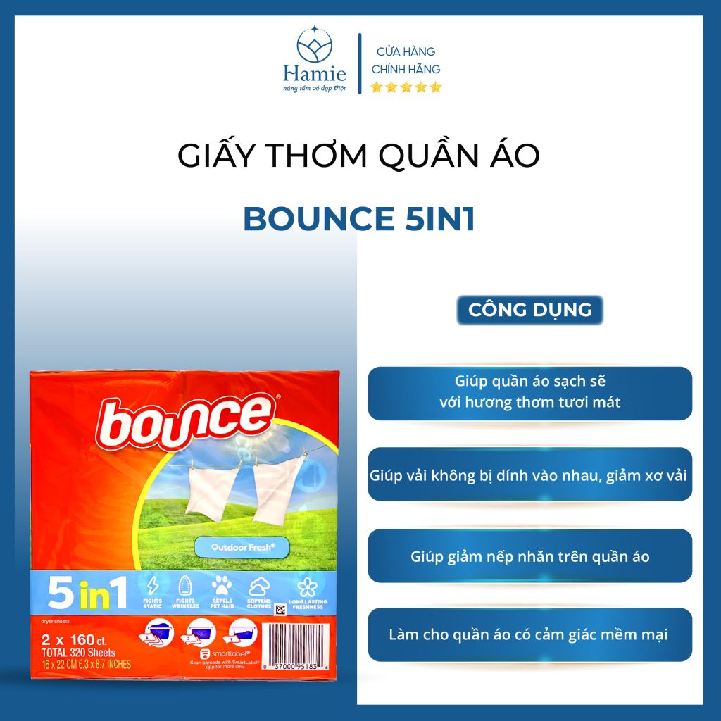 Giấy Thơm Quần Áo Bounce Của Mỹ 5in1 160 Tờ x 2 Hộp