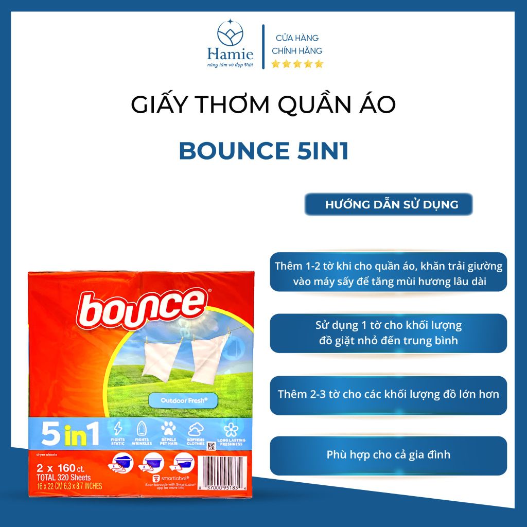 Giấy Thơm Quần Áo Bounce Của Mỹ 5in1 160 Tờ x 2 Hộp