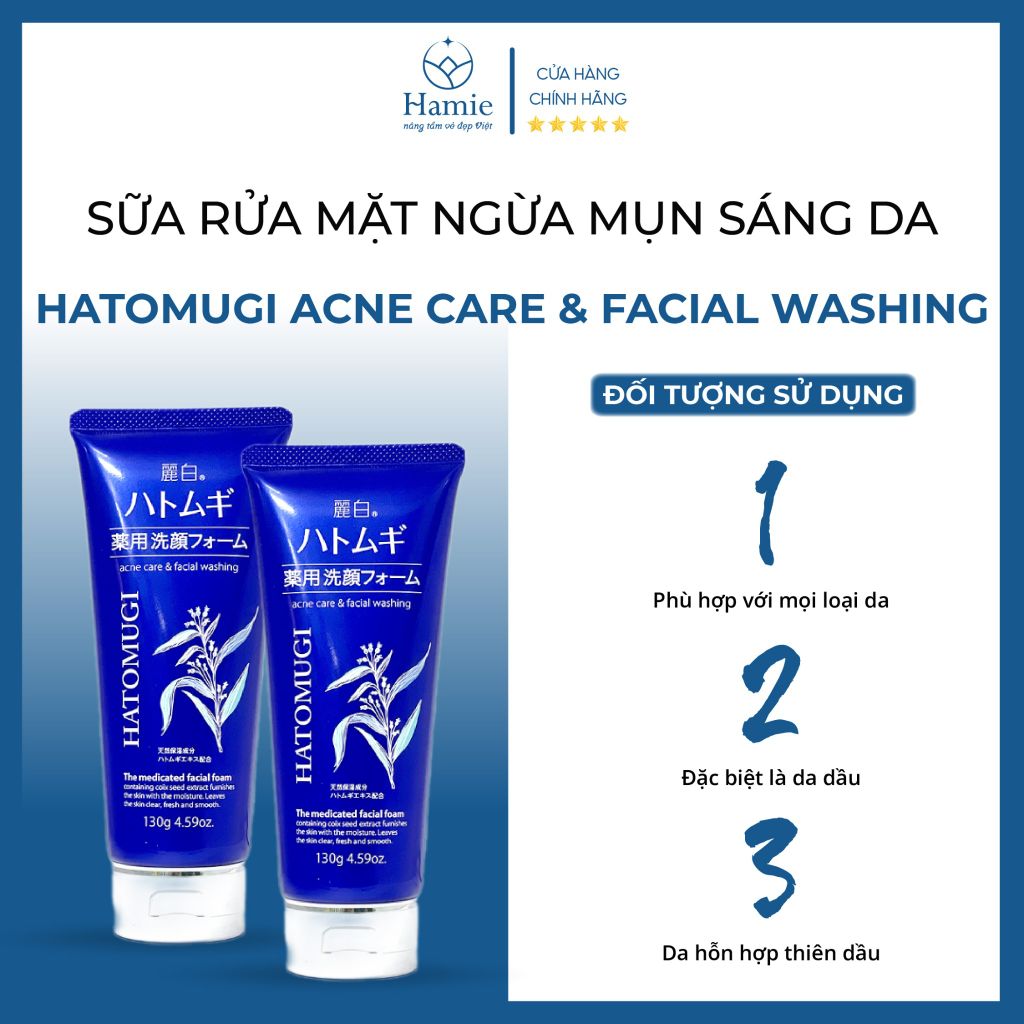 Sữa Rửa Mặt Ngừa Mụn Sáng Da Hatomugi Acne Care & Facial Washing 130gr Nhật Bản