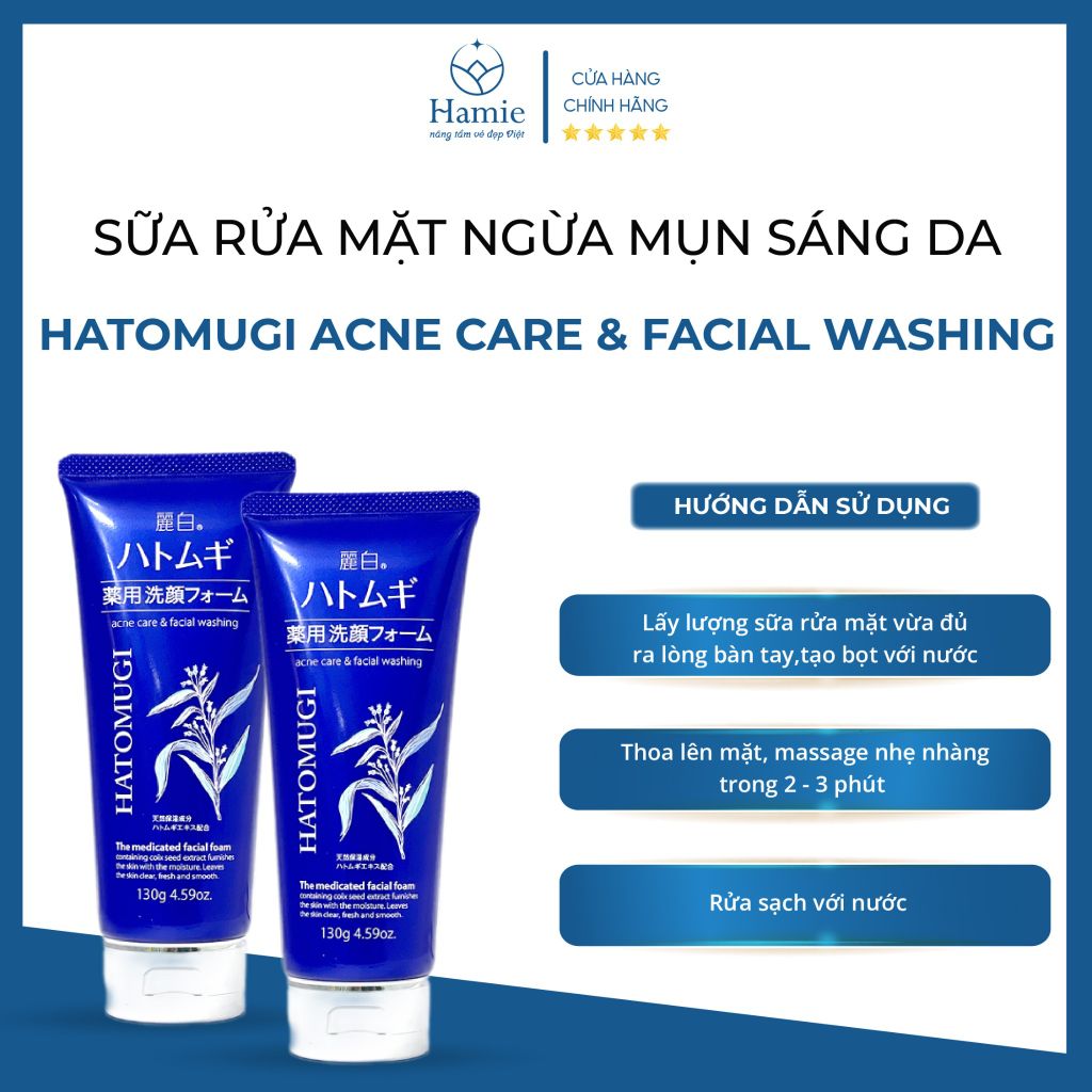 Sữa Rửa Mặt Ngừa Mụn Sáng Da Hatomugi Acne Care & Facial Washing 130gr Nhật Bản