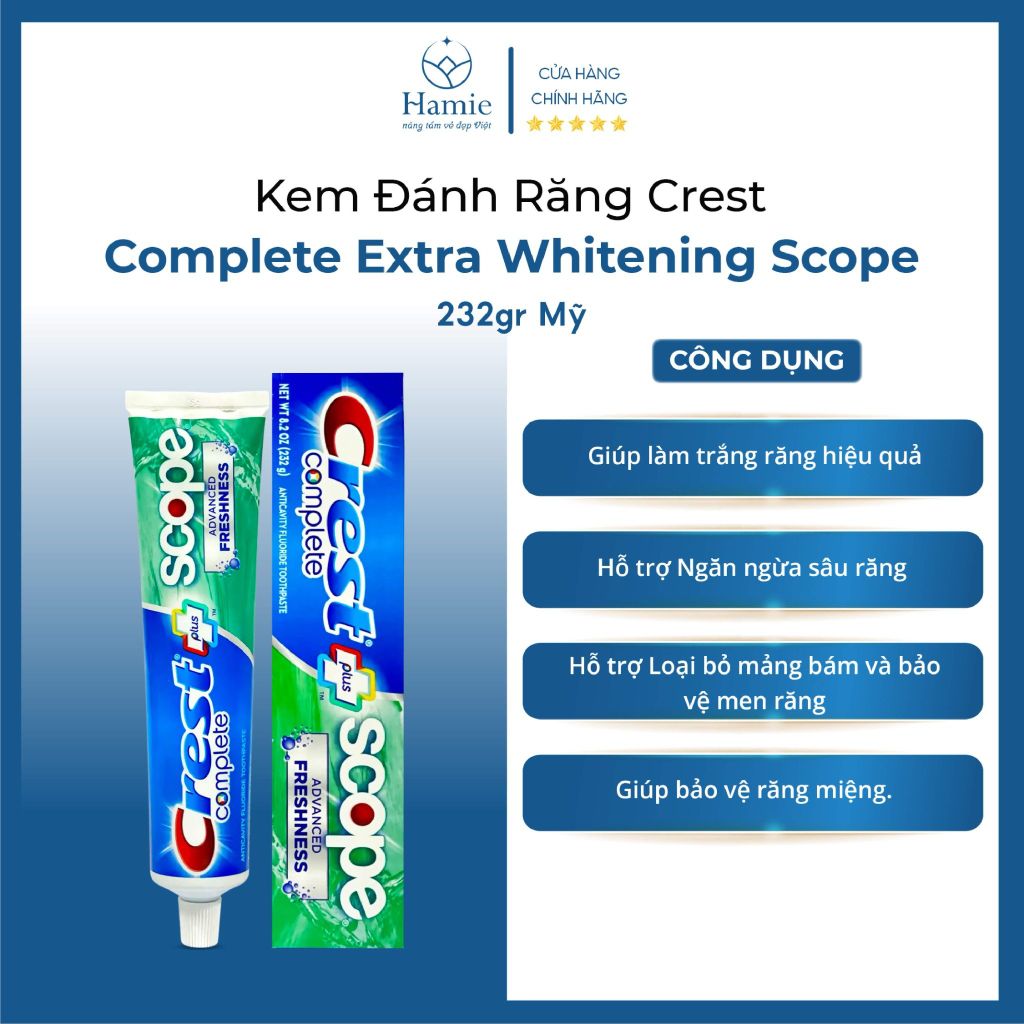 Kem Đánh Răng Crest Complete Extra Whitening Scope 232gr Mỹ
