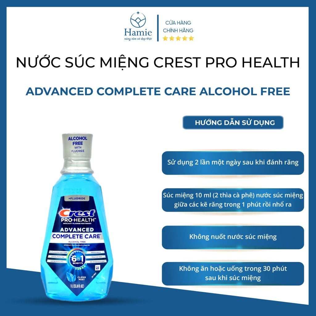 Nước Súc Miệng Crest 1l Pro Health Advanced Complete Care ALCOHOL FREE Mỹ