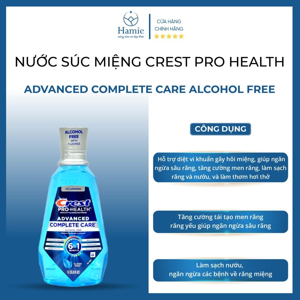 Nước Súc Miệng Crest 1l Pro Health Advanced Complete Care ALCOHOL FREE Mỹ