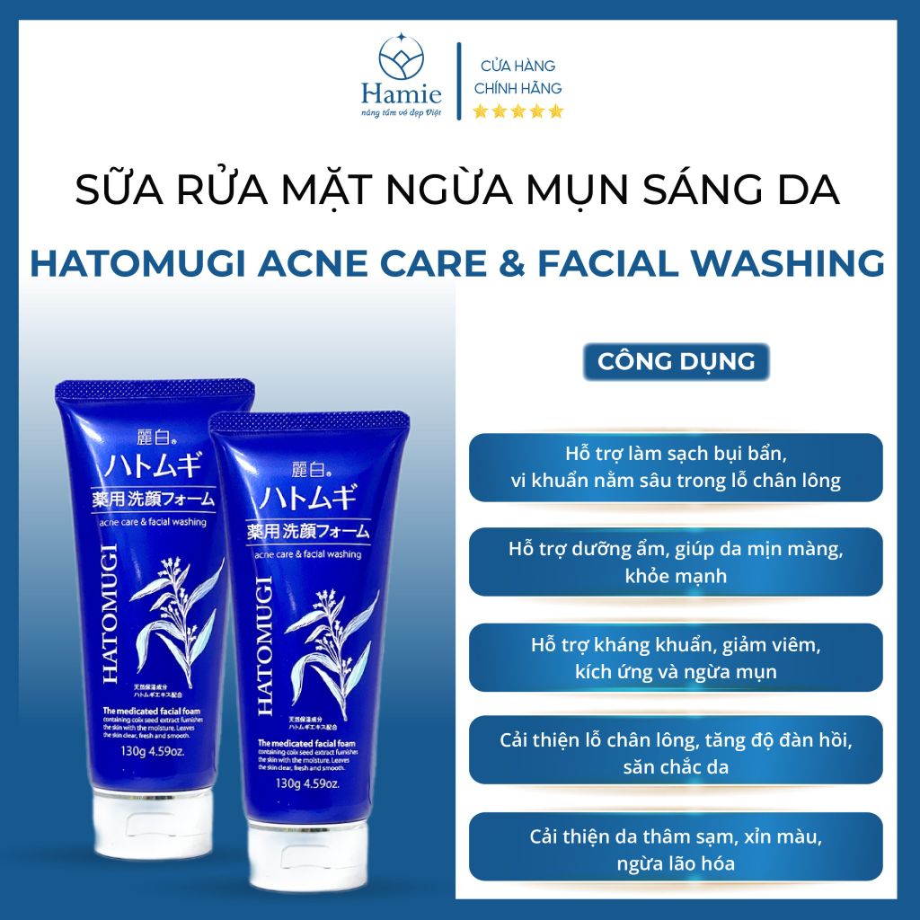 Sữa Rửa Mặt Ngừa Mụn Sáng Da Hatomugi Acne Care & Facial Washing 130gr Nhật Bản