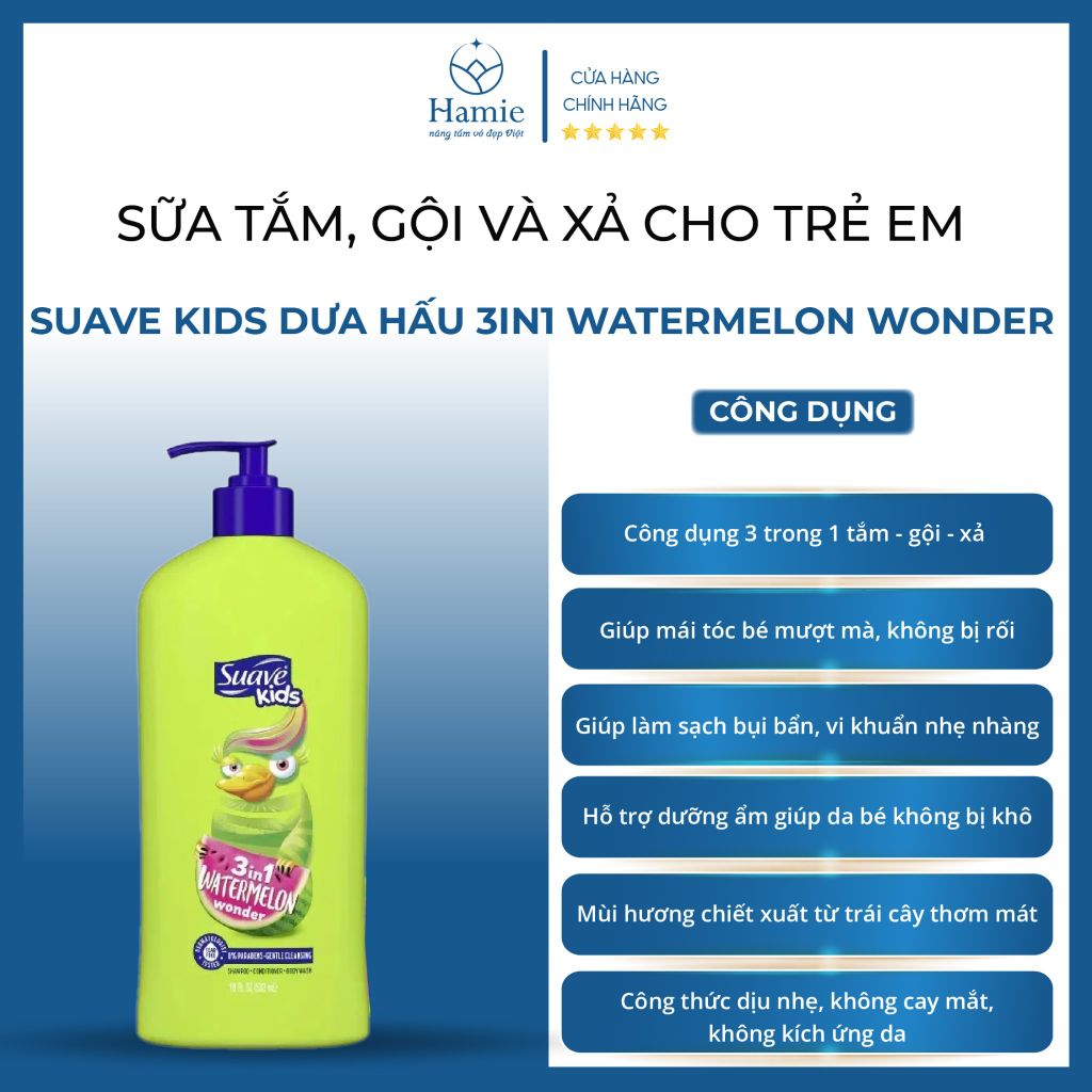 Suave Sữa Tắm, Gội, Xả Trẻ Em Kids 3in1 Dưa Hấu 532ml Mỹ