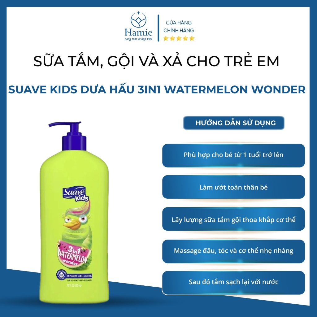 Suave Sữa Tắm, Gội, Xả Trẻ Em Kids 3in1 Dưa Hấu 532ml Mỹ